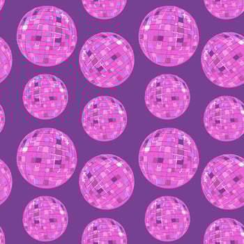 Colorful disco balls create a vibrant pattern on a purple background suitable for retro-themed events and parties vector
