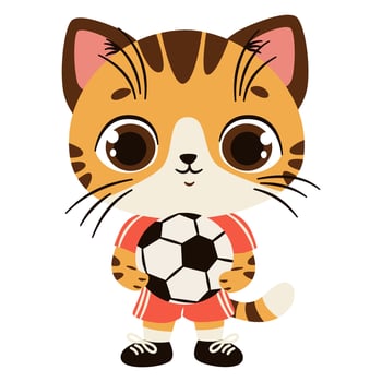 Cute kitten in soccer uniform holding a soccer ball. Flat illustration in simple child style on white background vector