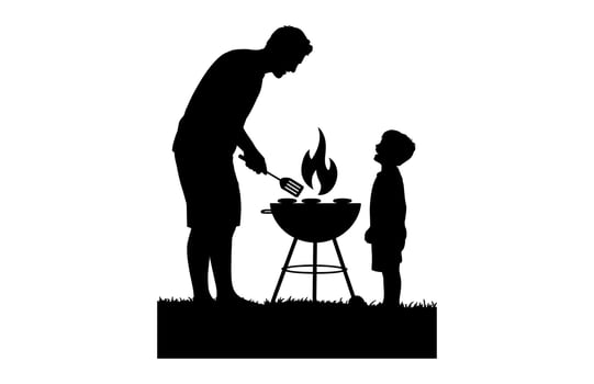 Father grilling burgers for his child at a barbecue silhouette clipart isolated on a White background vector