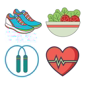 Flat Healthy Lifestyle Icons. Shoes, Salad, Jump Rope, Heartbeat vector