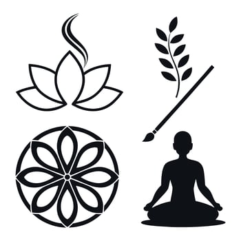 Flat Yoga and Meditation Icons. Mandala, Lotus, Incense, Leaf vector
