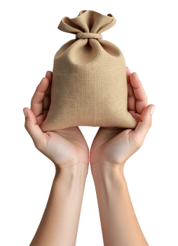 Female hands offer burlap sack filled with promise and value png
