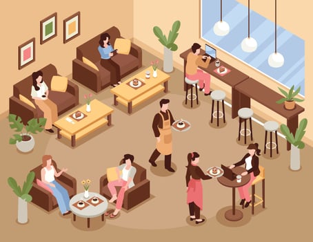 Coffee shop with customers and staff vector