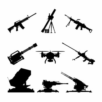 Flat weapon icon set for war or military theme project. Assault rifle, gatling, machine gun, mortar and drone for firearms. Mounted gun, cannon, missile launcher and anti-air turret for defense vector