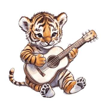 Baby tiger cub playing acoustic guitar watercolor png