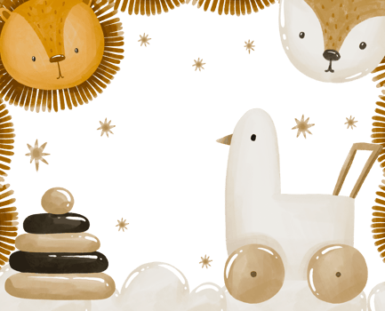 Baby greeting card with cute duck, goose toy, lion, fox and wooden pyramid. Hand drawn watercolor baby shower design png