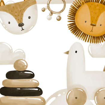 Baby greeting card with lion and fox toy. Hand drawn watercolor baby shower design with fox, lion, duck toy and wooden pyramid png