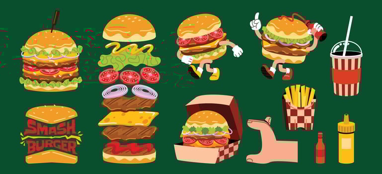 Cartoon burger illustrations with fries vector