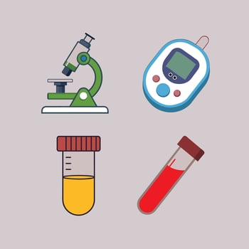 Medical Laboratory Equipment Icons Set Microscope, Glucometer, Blood Test Tubes, Urine Sample, Healthcare Diagnostics, Science Research, Clinical Analysis Illustration vector