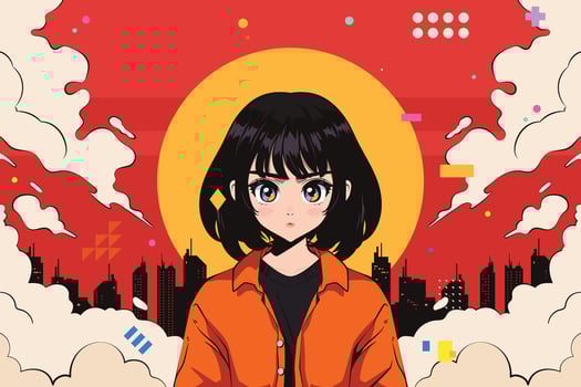 Anime girl with city skyline background vector
