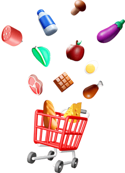 Colorful 3D Grocery Items in Shopping Cart png