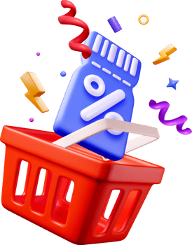 Colorful 3D Shopping Basket with Discount Tag png