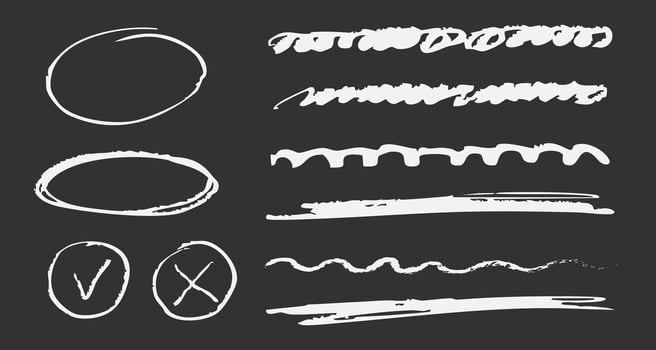 Brush drawn ellipses textured underline check marks highlight text. Chalk drawing on blackboard, school hand drawn scribble set. vector