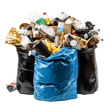 Full blue garbage bag overflowing with various trash items isolated on transparent background png