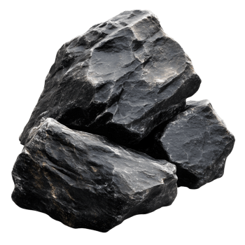 Three dark gray rough lumps of coal stacked together isolated on transparent background png