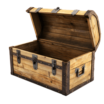 Antique wooden treasure chest with ornate metalwork and open lid isolated on transparent background png