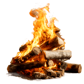 Vibrant campfire with glowing embers and dancing flames isolated on transparent background png