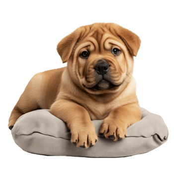 Adorable shar pei puppy with wrinkled face resting on a soft cushion isolated on transparent background png