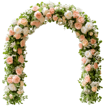 Beautiful archway adorned with delicate peach and cream roses and lush greenery isolated on transparent background png