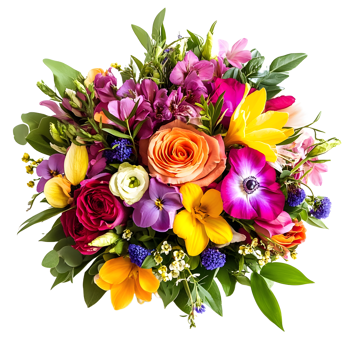 Vibrant assortment of fresh spring flowers and greenery isolated on transparent background png