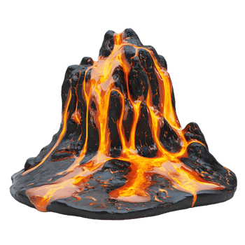 Fiery volcano eruption with molten lava flowing down its sides isolated on transparent background png