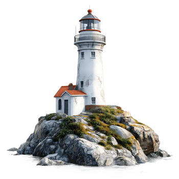 Iconic white lighthouse and small building perched on a rocky island isolated on transparent background png