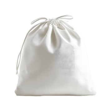 Elegant white satin drawstring gift bag with intricate embossed pattern isolated on transparent background png
