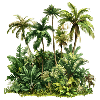 Lush tropical jungle foliage with palm trees isolated on transparent background png