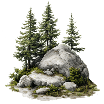 Realistic miniature forest scene with large boulder and evergreen trees isolated on transparent background png