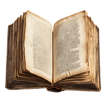 An ancient open book with aged yellowed pages filled with text isolated on transparent background png