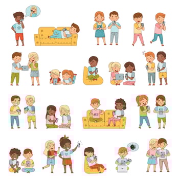 Children playing and using devices together vector