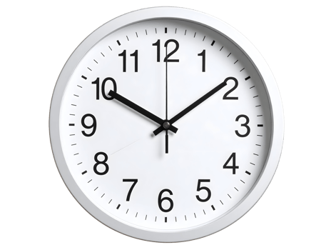 A clean white circular clock with bold black numbers and hands clearly indicates the time. png