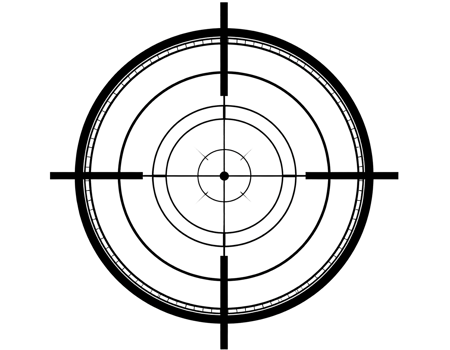 An intricate technical reticle design featuring concentric circles and precise aiming lines. png