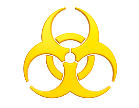 A vibrant yellow three-dimensional biohazard symbol warns of potential danger and hazardous materials. png