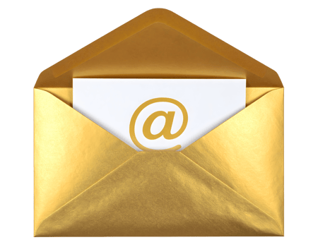 A shimmering golden envelope reveals a prominent at symbol on a pristine white card. png