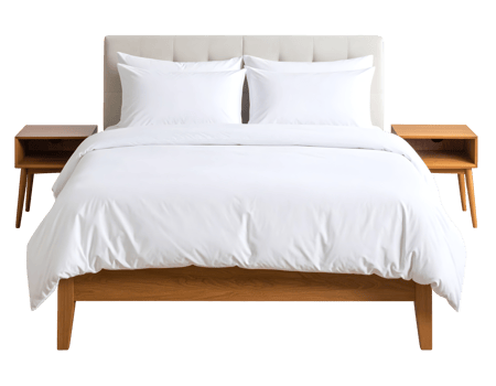 Comfortable bed with crisp white bedding and elegant wooden nightstands ready for a peaceful sleep. png