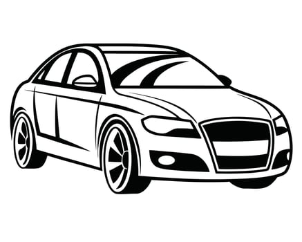 Sleek black and white illustration of a modern sedan car with stylish design elements vector