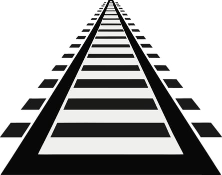 Abstract black and white illustration of railway tracks leading towards a geometric pyramid vector