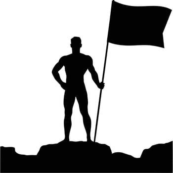 Silhouette of a muscular man standing on a mountain holding a waving flag vector
