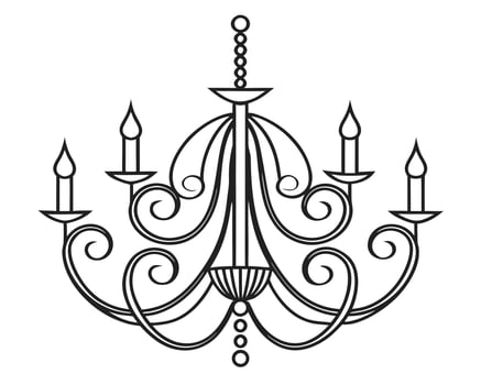 Elegant ornate chandelier design with candles and scrolled accents in simple black line art vector