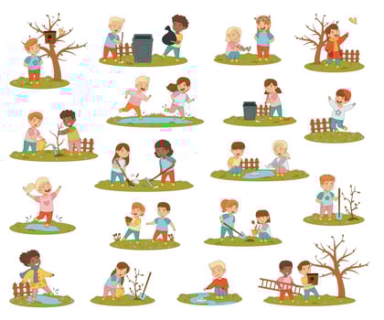 Kids playing and exploring outdoor activities vector