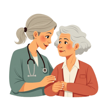 an elderly woman and a nurse talking to each other png