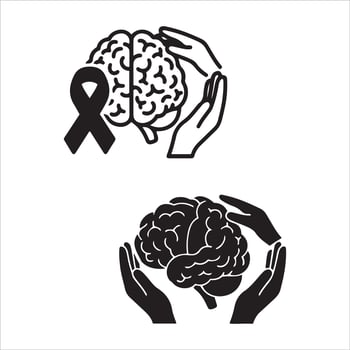Hands gently protecting a human brain with a green awareness ribbon vector