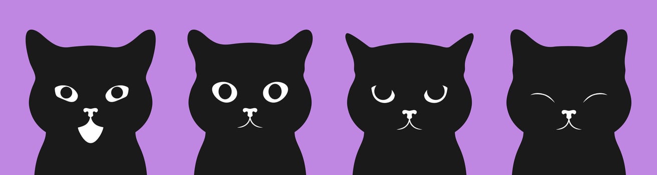 Black cat portraits set. Set of black cat faces with different emotions vector