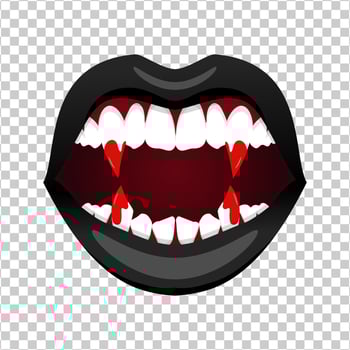 Monster woman evil lips with blood. Vampire female open mouth with long bloody fangs vector