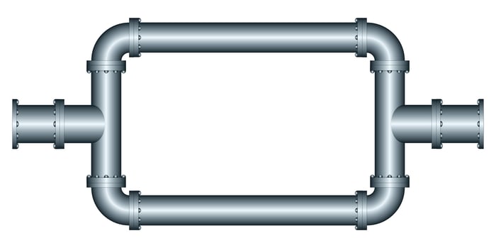 illustration of a metallic industrial pipeline system with curved elbow joints and flanges vector
