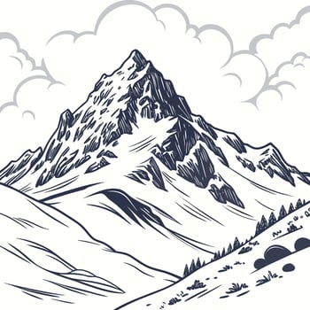 Black and white snowy mountain peak on white background vector