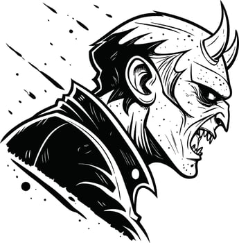 Fierce demon snarling with sharp horns and spiky hair vector