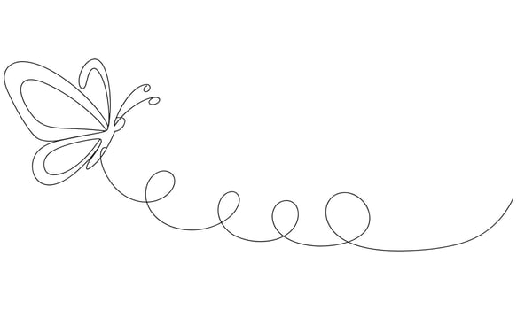 Single line drawing of a butterfly with a curly trail insect line art vector