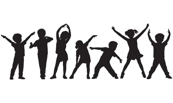 Diverse group of children in silhouette performing various active poses kids vector
